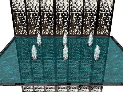 Contemporary Fountain With Five Water Jets And Lattice Screens In Reflective Pool 3d model