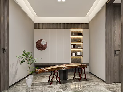 Modern Entertainment Room Interior With Guqin Green Plant White Cabinets Lit Bookshelves And Marble Floor 3d model