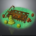 Fresh Pumpkins Displayed On Wooden Stand With Fence Barrels And Green Decorative Trees