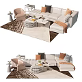 Elegant Modern Sofa And Coffee Table Set With Decorative Pillows Armchair And Patterned Rug 3d model
