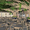 Natural Wooden Restaurant Interior With Hanging Lanterns Greenery Bar Counter And Tables