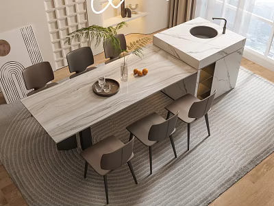 Modern Dining Table Set With Marble Top Dining Chairs Potted Plant And Fruit Decor 3d model