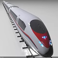 Modern High Speed Train With White Body Red Front And Blue Lights On Railway Track