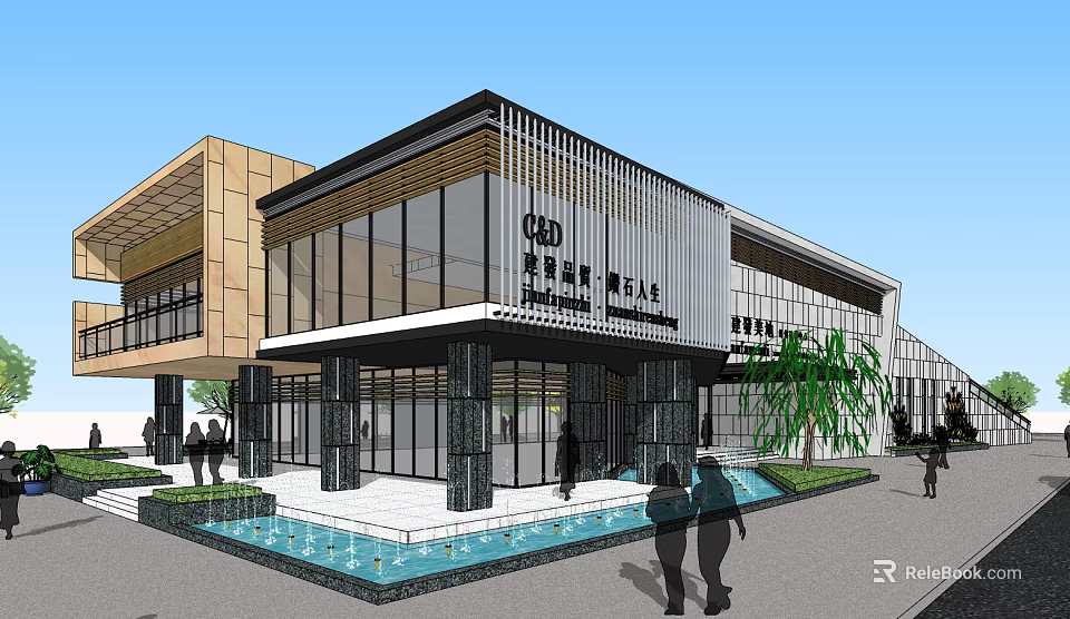 Modern Sales Office Building Featuring Glass Curtain Wall Black Gold Exterior And Water Feature 3d model 