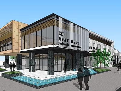 Modern Sales Office Building Featuring Glass Curtain Wall Black Gold Exterior And Water Feature 3d model