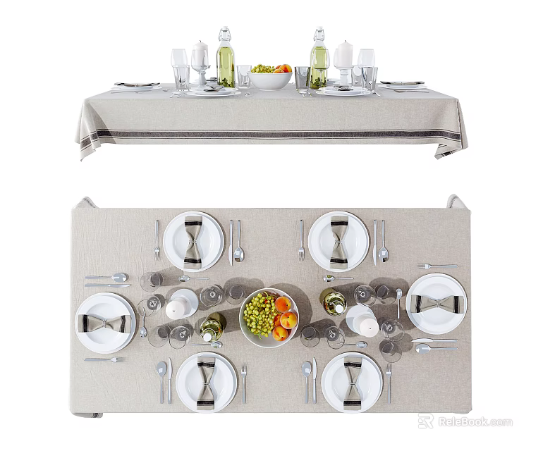 Tableware Set Featuring Plates Bowls Cutlery Condiment Bottles And Fresh Vegetables On Tray 3d model 