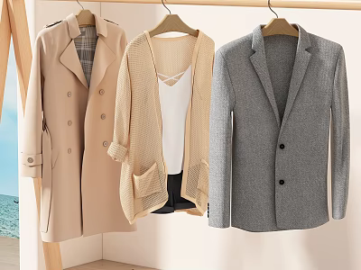 Chic Trench Coat Knit Cardigan And Blazer Hanging Near Seaside 3d model