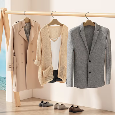 Chic Trench Coat Knit Cardigan And Blazer Hanging Near Seaside 3d model