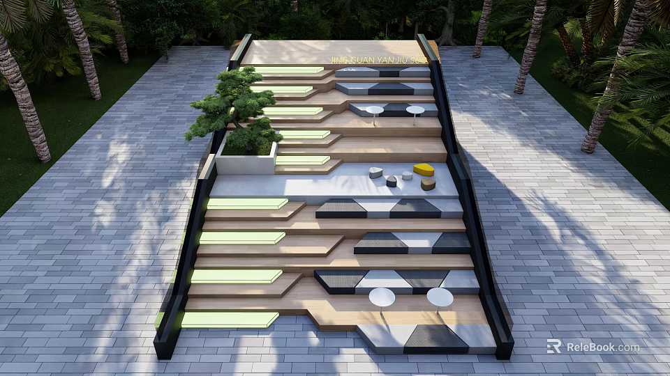 Modern Outdoor Staircase With Geometric Steps Green Plant And Decorative Ornaments 3d model 