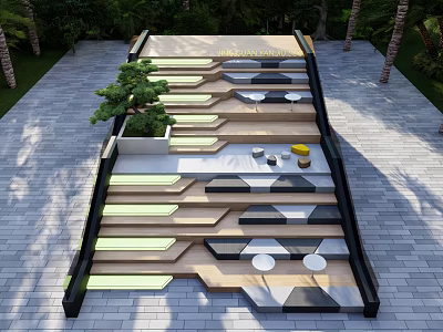 Modern Outdoor Staircase With Geometric Steps Green Plant And Decorative Ornaments 3d model