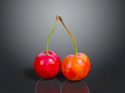 Red and Orange Fresh Cherries with Green Stems on Dark Reflective Surface 3d model