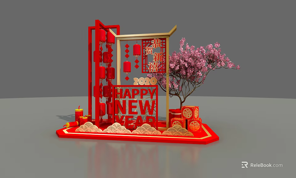 Chinese New Year Decor With Red Frame Happy New Year Pink Blossom Tree Gold Ingots 3d model 