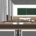 School Classroom Interior With Desks Chairs Blackboard Green Walls And Windows