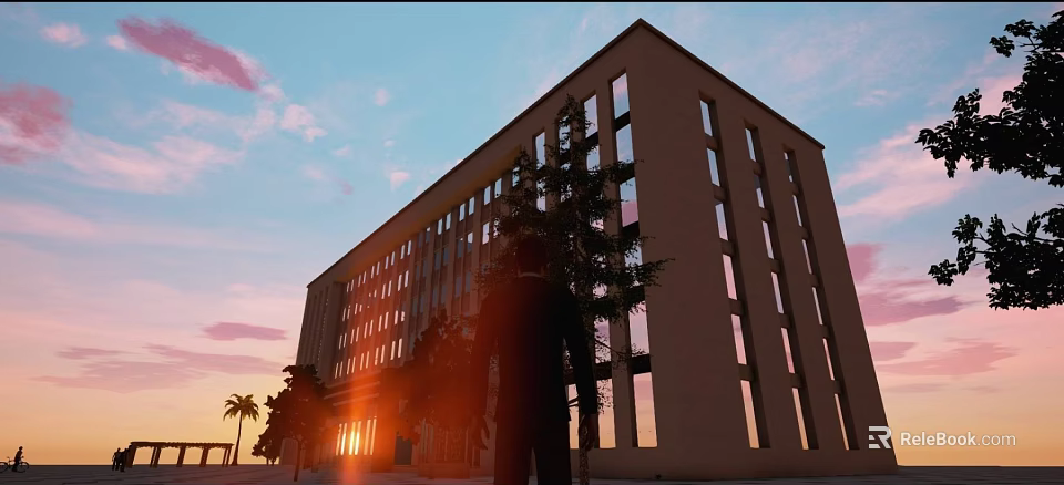 Modern Office Building Exterior With Large Windows Sunset Sky And Trees 3d model 