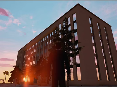 Modern Office Building Exterior With Large Windows Sunset Sky And Trees 3d model