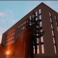 Modern Office Building Exterior With Large Windows Sunset Sky And Trees