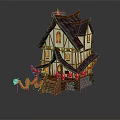 Cartoon Chinese Traditional House With Curved Roof Red Lanterns Dragon Decorations And Wooden Stairs