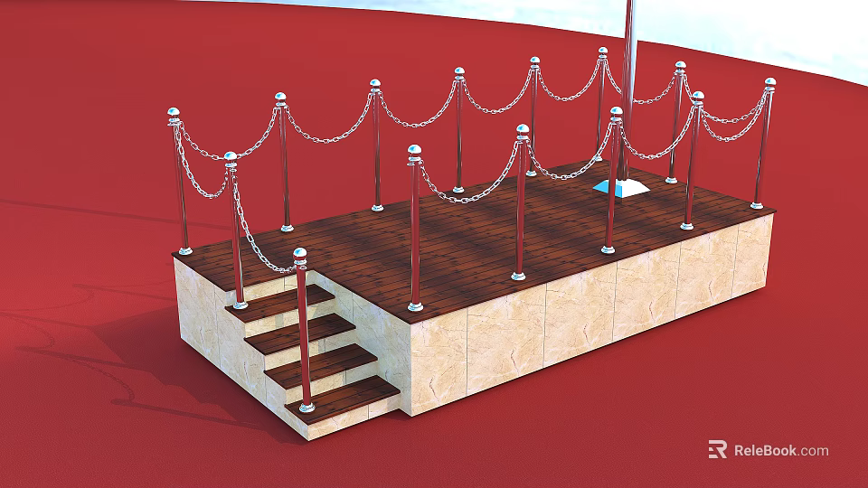 Outdoor Wooden Platform With Silver Chain Railings Steps And Red Carpet 3d model 