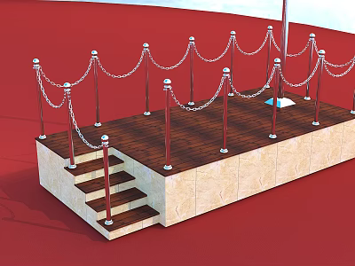 Outdoor Wooden Platform With Silver Chain Railings Steps And Red Carpet 3d model