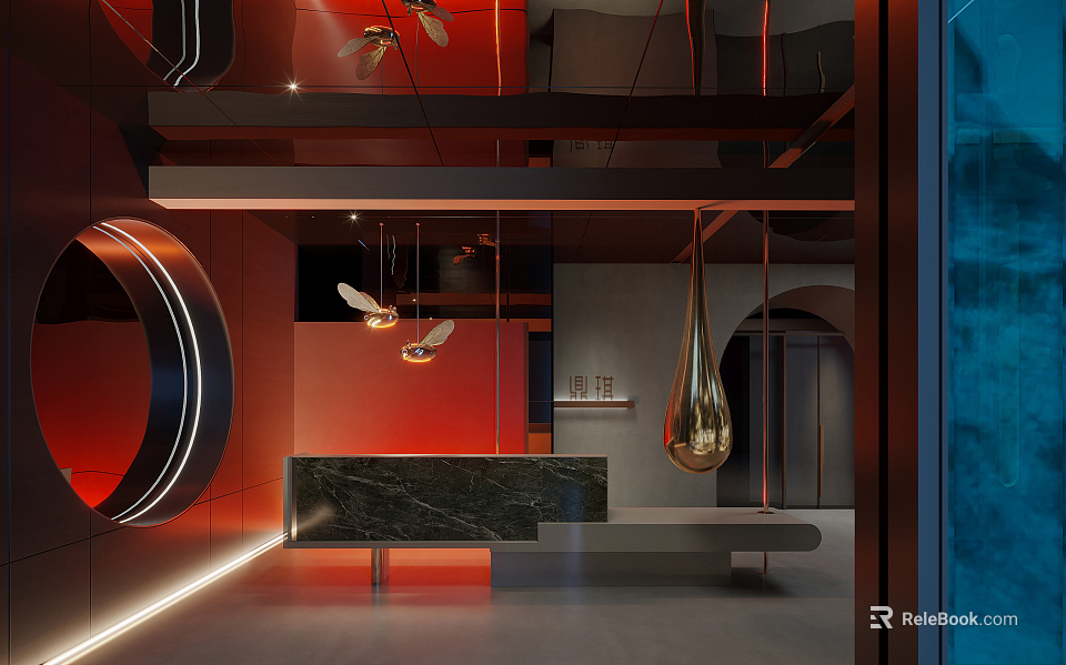 Modern Reception Desk With Red Black Decor Marble Countertop Hanging Pendant Lights And Curved Design 3d model 
