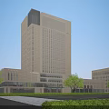 Modern High Rise Office Building Exterior With Glass Curtain Wall And Green Trees Around Plaza
