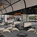 Modern Restaurant Interior With Arched Ceiling Marble Tabletop Tables Chairs Windows And Street View