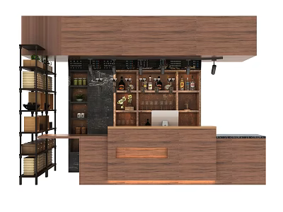 Contemporary Bar Interior With Wooden Counter Shelves Holding Wine Bottles And Glassware 3d model