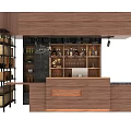Contemporary Bar Interior With Wooden Counter Shelves Holding Wine Bottles And Glassware