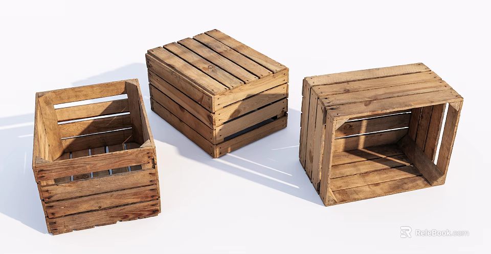 Three Rustic Wooden Crates For Storage With Open Design And Natural Finish 3d model 