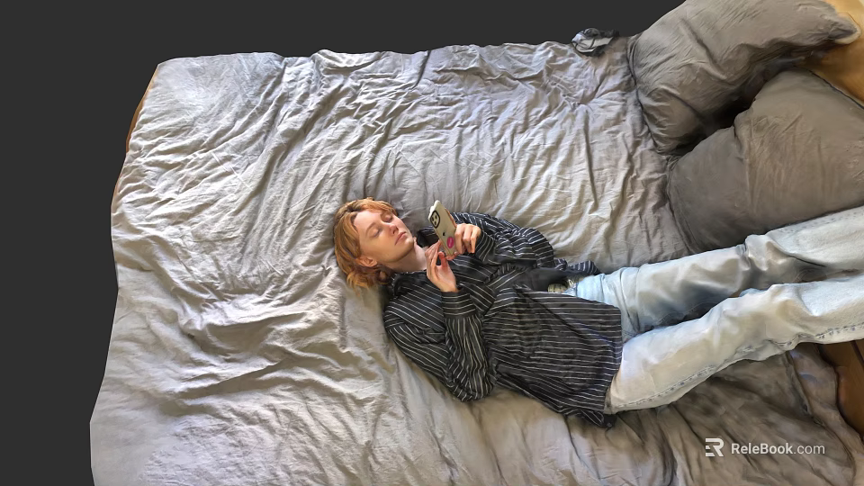 Woman Lying on Gray Bed Sheets Wearing Striped Shirt and Light Blue Jeans Holding Phone 3d model 
