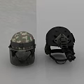 Camouflage And Black Tactical Helmets With Face Shield And Night Vision Accessories