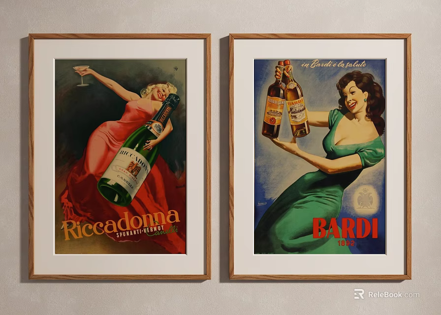 Vintage Wine Posters Featuring Women Holding Ricecadora And Bardi Bottles In Frames 3d model 