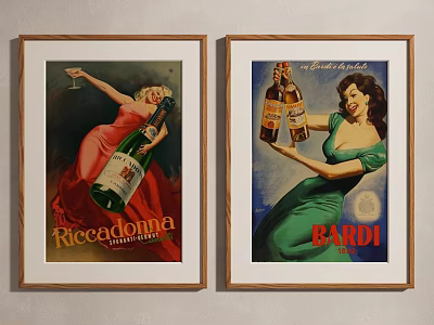 Vintage Wine Posters Featuring Women Holding Ricecadora And Bardi Bottles In Frames 3d model