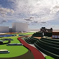 Park Landscape With Chinese Style Pavilions Waterfront Blue Sky And White Clouds