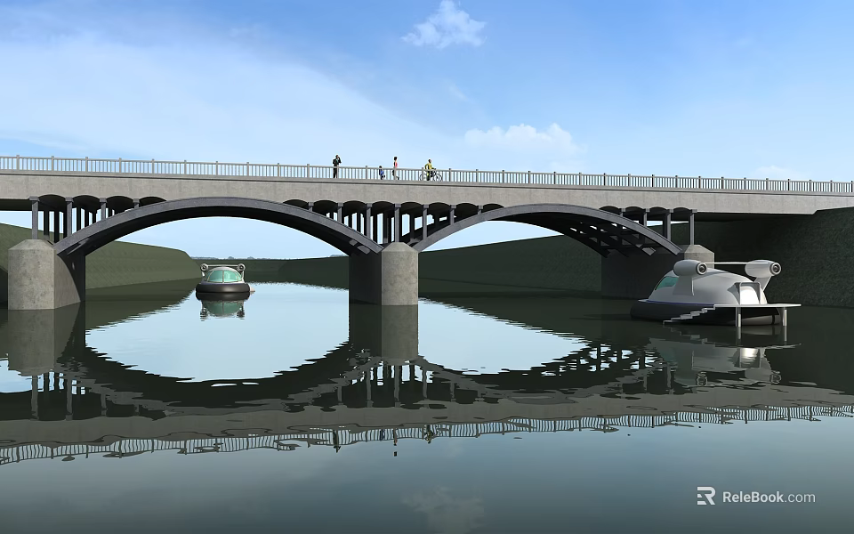 Arched Bridge Over Calm Water With People Walking Boat And Sky Reflection 3d model 