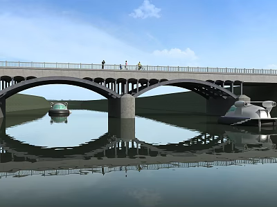 Arched Bridge Over Calm Water With People Walking Boat And Sky Reflection 3d model