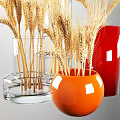 Elegant Decorative Ornament Set With Wheat Stems In Orange Red And Transparent Vases