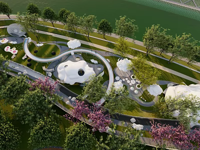 Scenic Park Landscape With Green Lawn Curved Pathway White Sculptures And Waterfront Trees 3d model