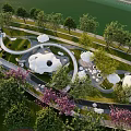 Scenic Park Landscape With Green Lawn Curved Pathway White Sculptures And Waterfront Trees