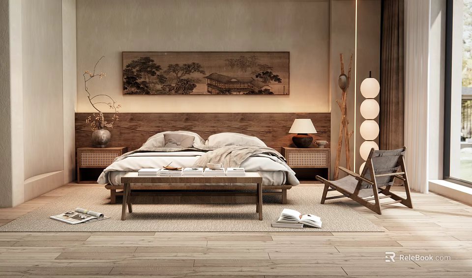 Warm Wooden Bedroom Interior Design With Platform Bed Decorative Painting And Floor Lamp 3d model 