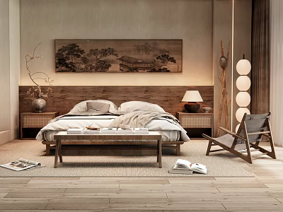 Warm Wooden Bedroom Interior Design With Platform Bed Decorative Painting And Floor Lamp 3d model