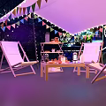 Neon Lit Circular Entertainment Stage With FLAX Logo Sound System And Colorful Lighting