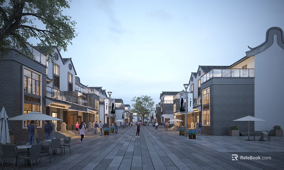Traditional Chinese Style Commercial Street With Pedestrians Outdoor Seating And Evening Lighting 3d model 