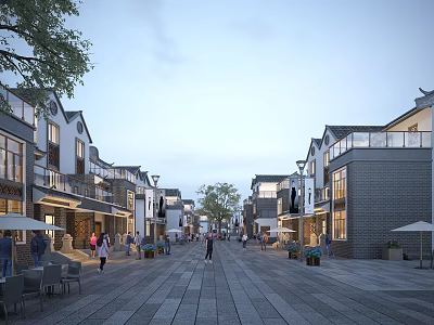 Traditional Chinese Style Commercial Street With Pedestrians Outdoor Seating And Evening Lighting 3d model