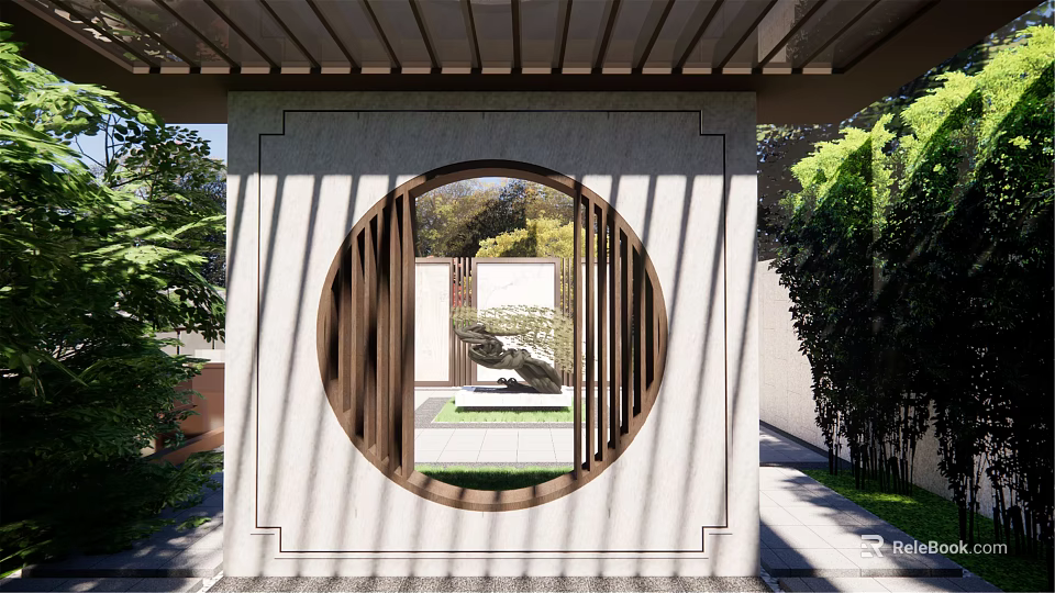 Serene Courtyard Garden View Through Circular Wooden Window With Lush Greenery And Stone Elements 3d model 