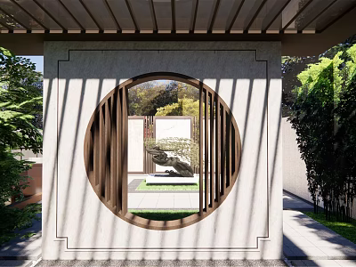 Serene Courtyard Garden View Through Circular Wooden Window With Lush Greenery And Stone Elements 3d model
