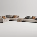 Light Gray Linen Multi Seater Sofa With Decorative Pillows And Cozy Throw Blanket 3d model