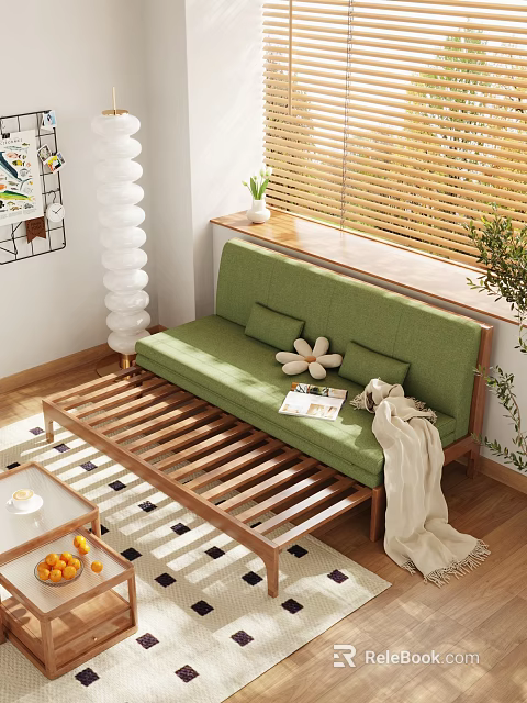 Cozy Living Room With Green Sofa Bed Wooden Frame Bamboo Blinds And Decorative Pillows 3d model 