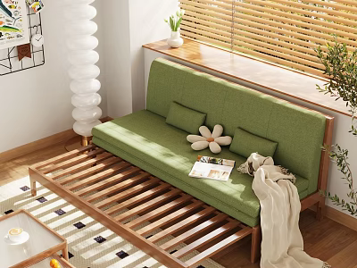 Cozy Living Room With Green Sofa Bed Wooden Frame Bamboo Blinds And Decorative Pillows 3d model