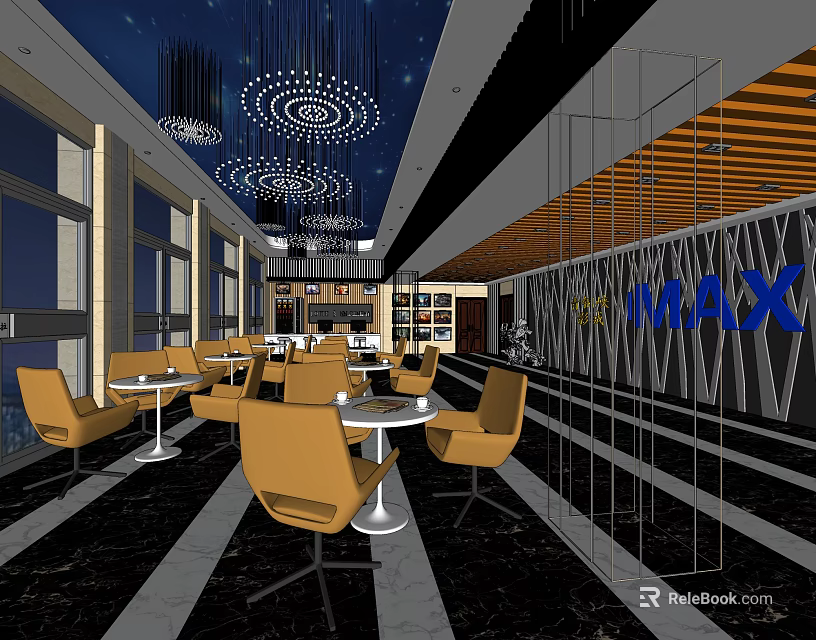 Modern Cinema Interior With IMAX Sign Yellow Chairs Round Tables And Chandeliers 3d model 